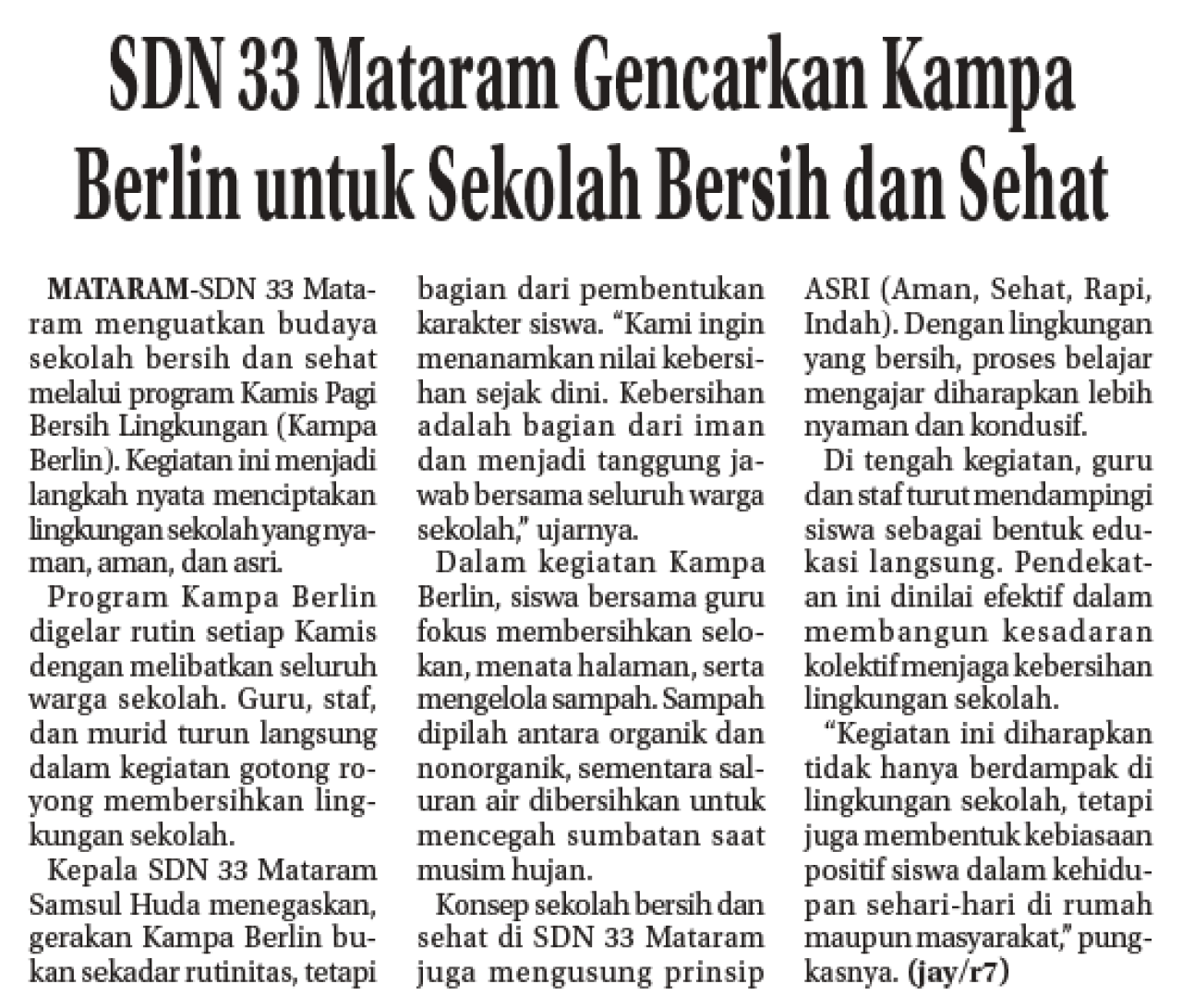 SDN 33 Mataram Gencarkan Kampa Berlin untuk Sekolah Bersih dan Sehat