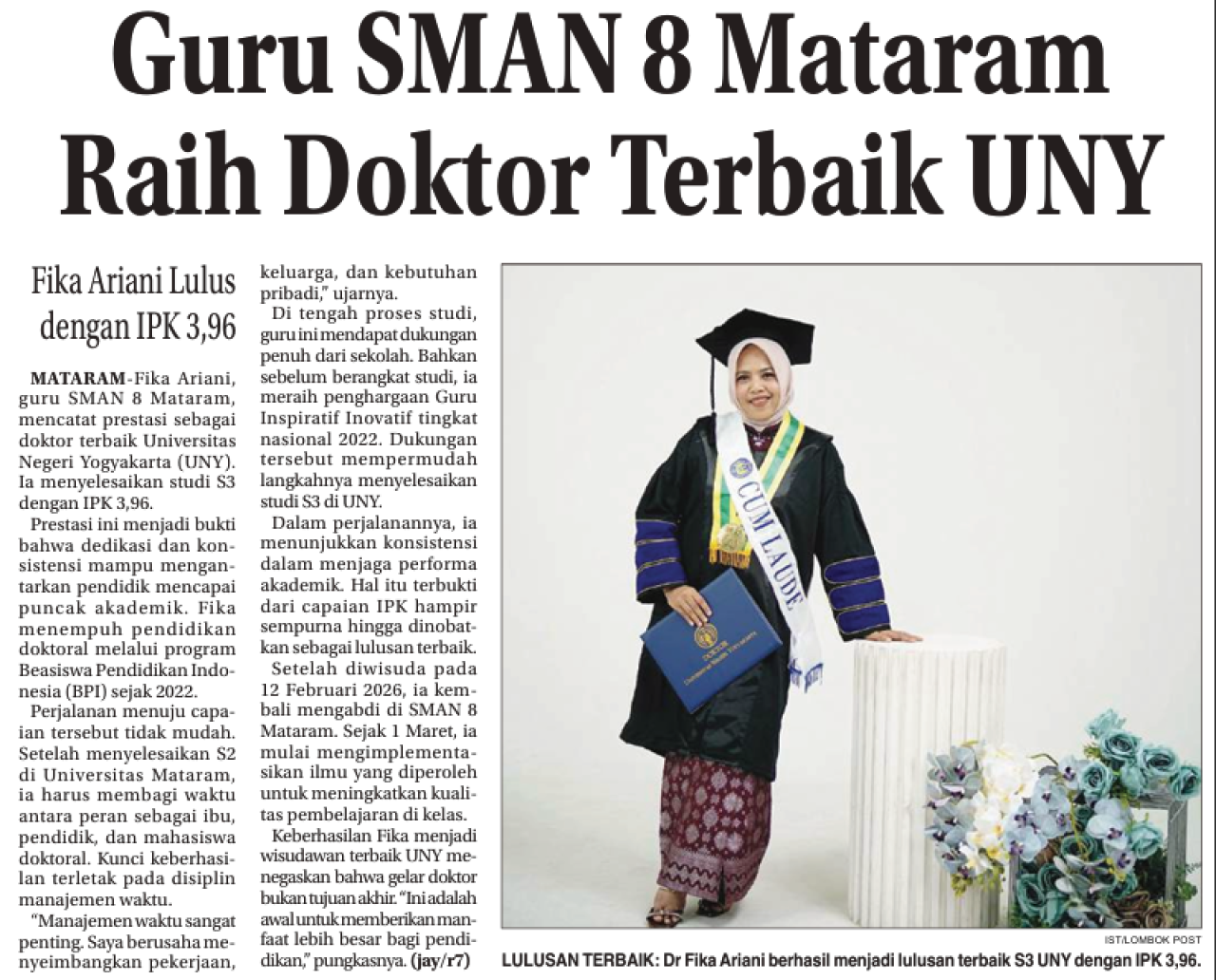 Guru SMAN 8 Mataram Raih Doktor Terbaik UNY