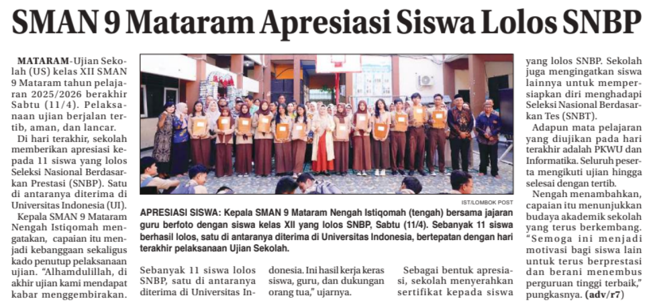 SMAN 9 Mataram Apresiasi Siswa Lolos SNBP