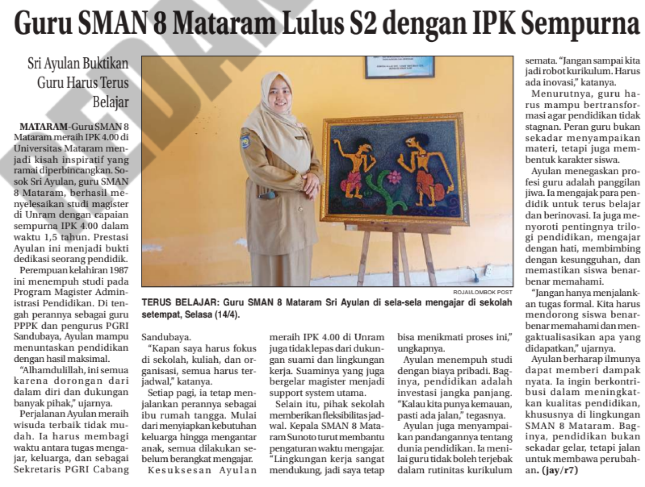 Guru SMAN 8 Mataram Lulus S2 dengan IPK Sempurna