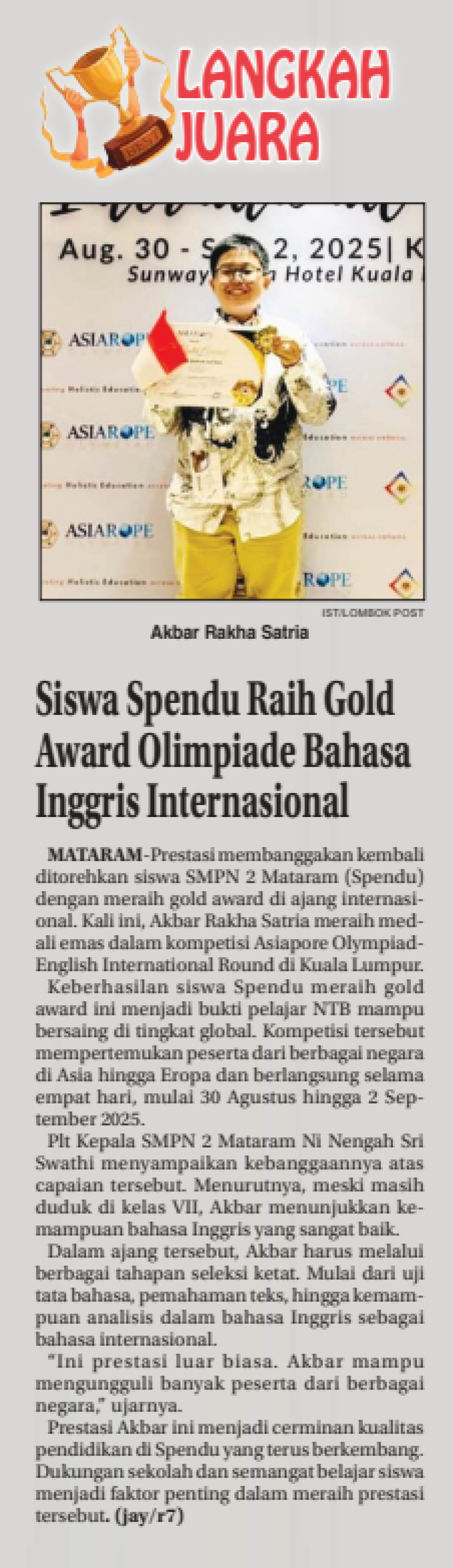 Siswa Spendu Raih Gold Award Olimpiade Bahasa Inggris Internasional