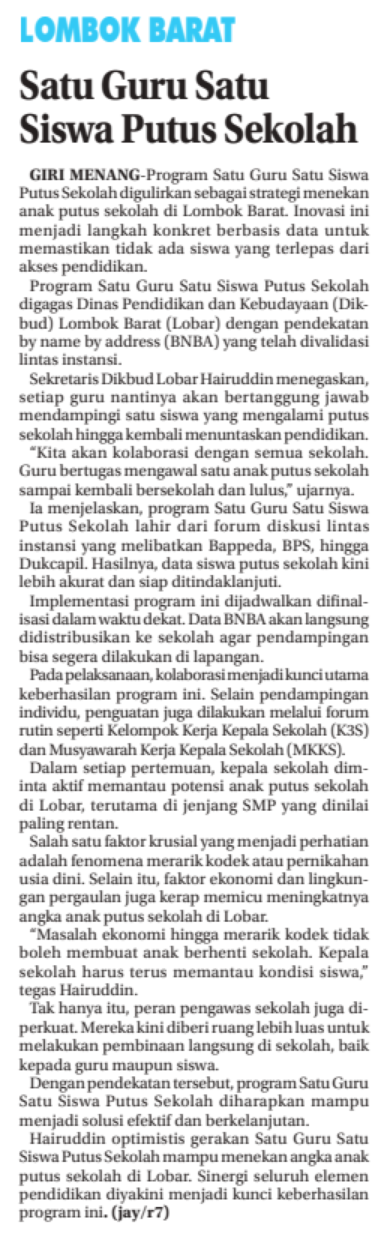 Satu Guru satu Siswa Putus Sekolah
