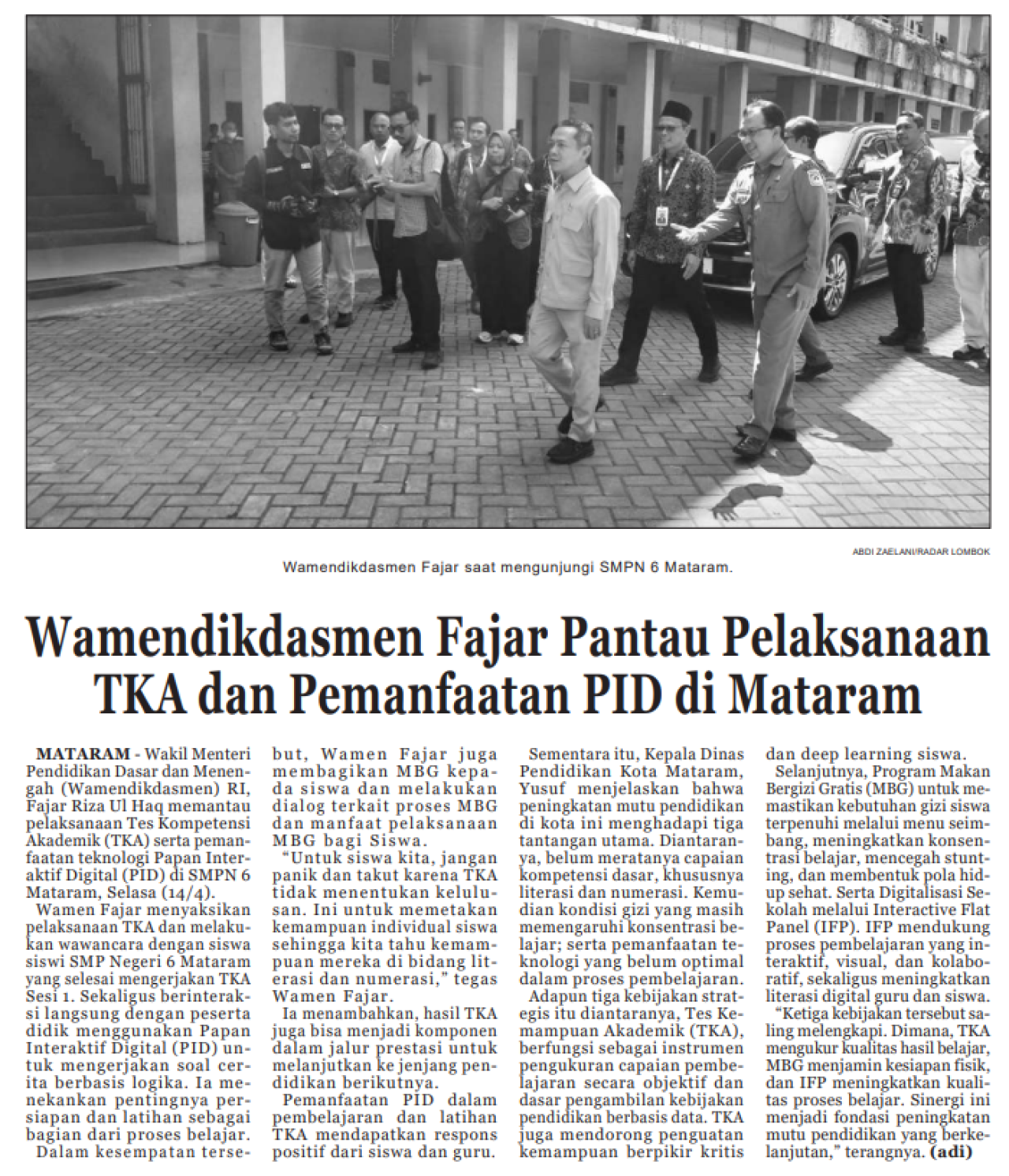 Wamendikdasmen Fajar Pantau Pelaksanaan TKA dan Pemanfaatan PID di Mataram