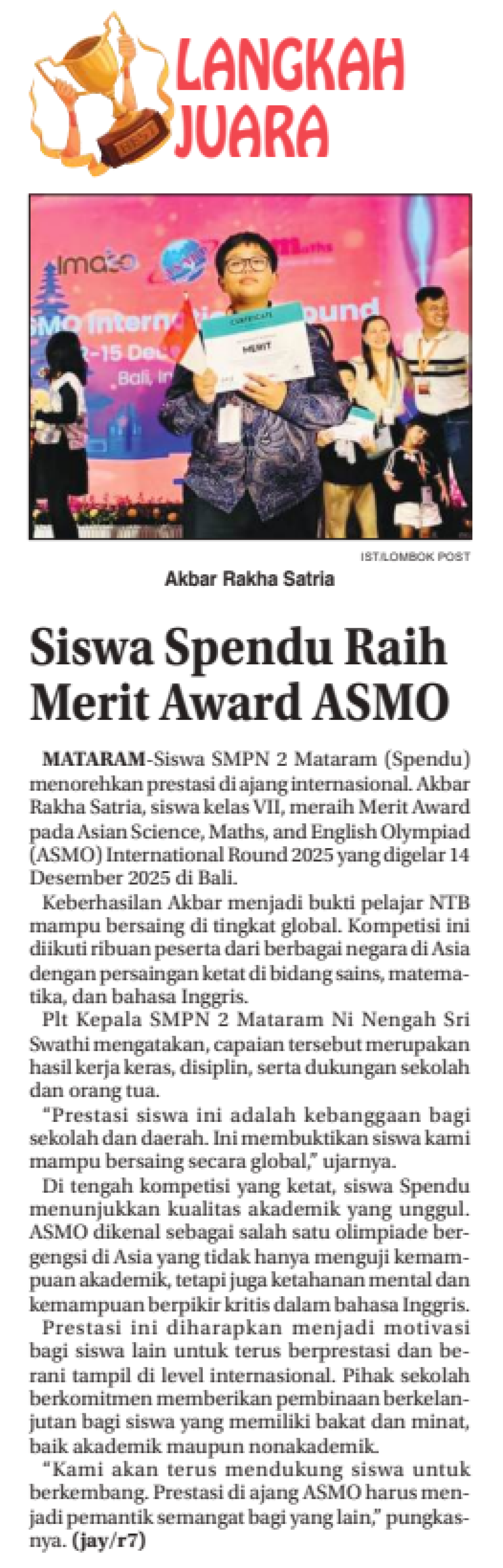 Siswa Spendu Raih Merit Award ASMO