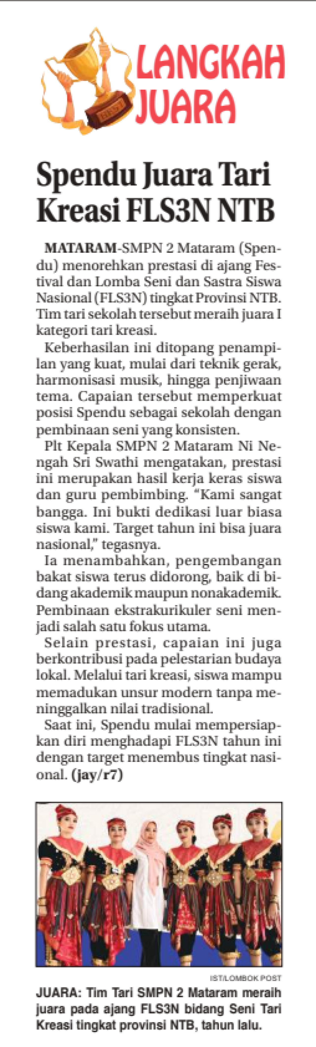 Spendu Juara Tari Kreasi FLS3N NTB