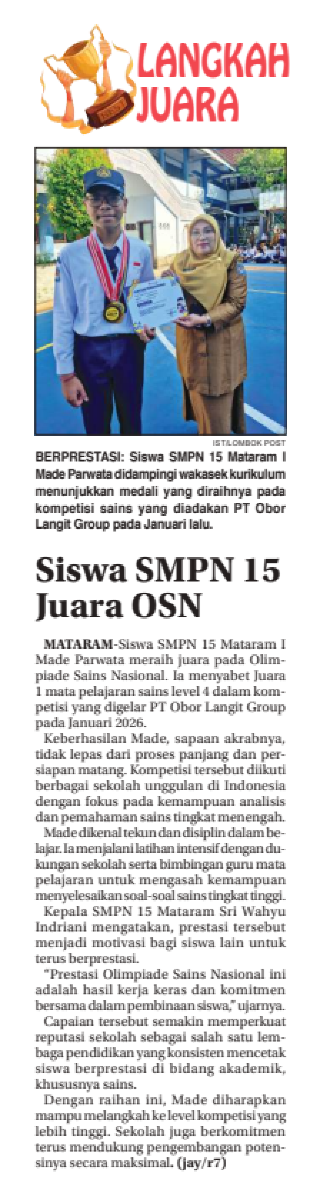 Siswa SMPN 15 Juara OSN