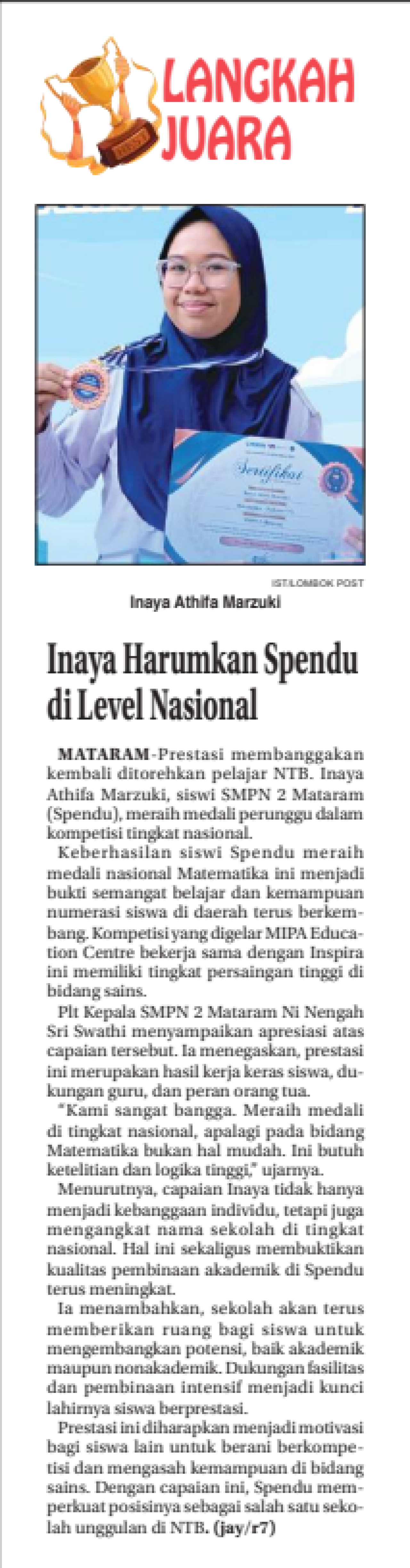 Inaya Harumkan Spendu di Level Nasional