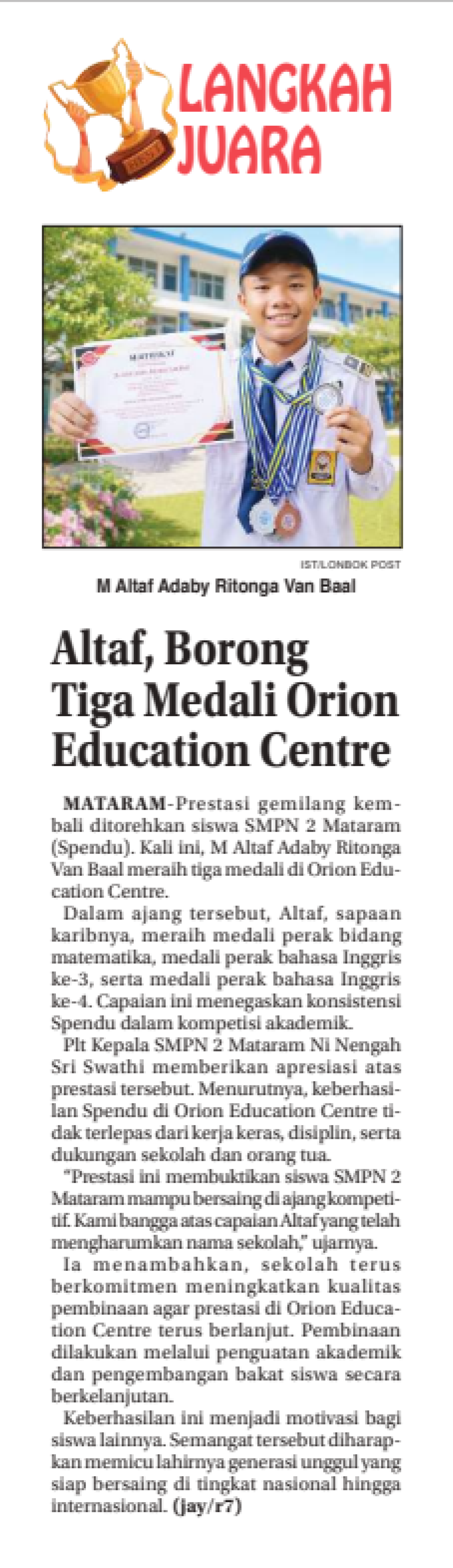 Altaf, Borong Tiga Medali Orion Education Centre