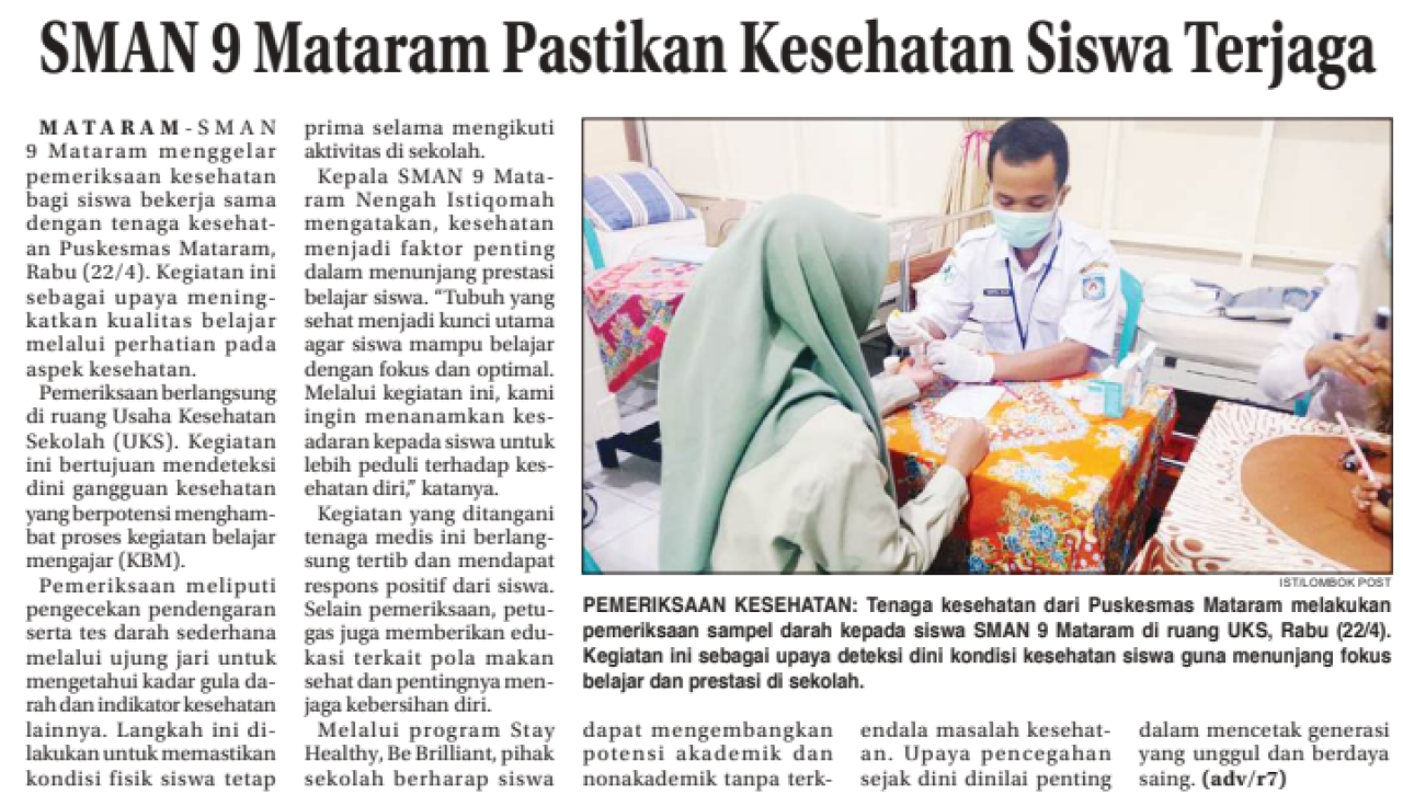 SMAN 9 Mataram Pastikan Kesehatan Siswa Terjaga