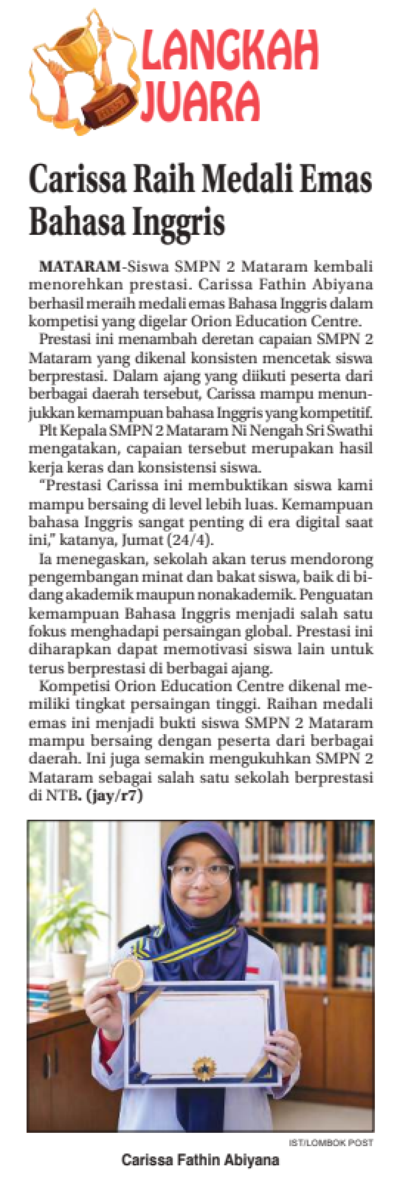 Carissa Raih Medali Emas Bahasa Inggris