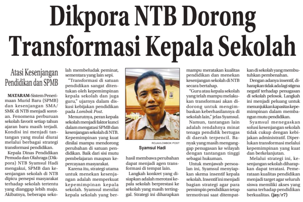 Dikpora NTB Dorong Transformasi Kepala Sekolah