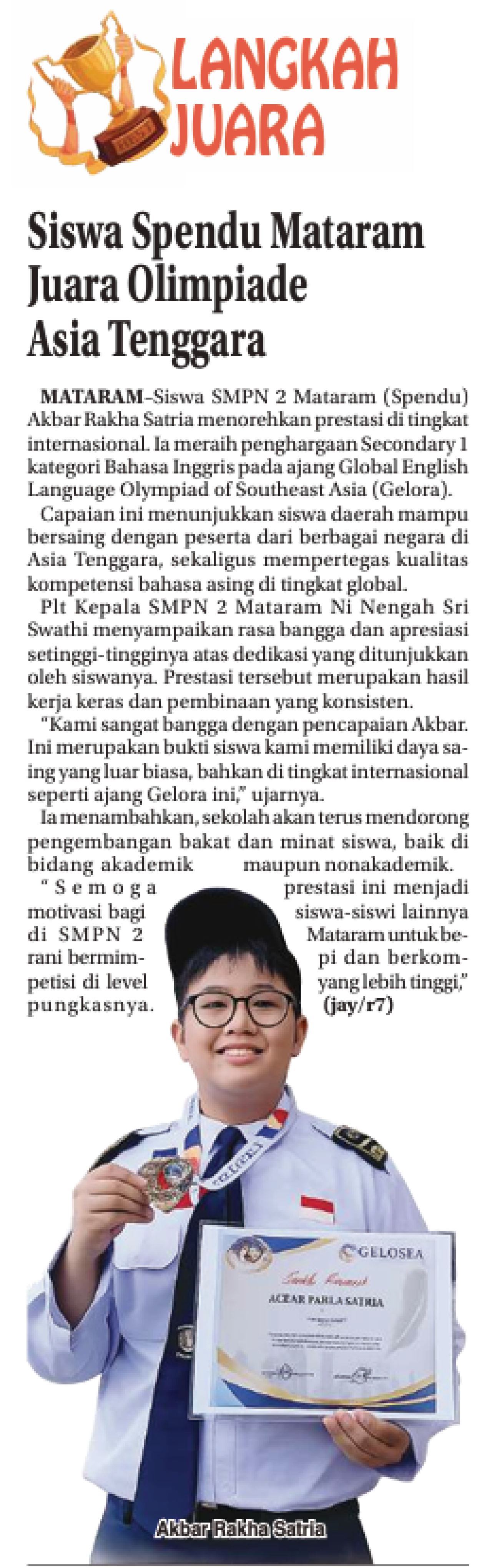 Siswa Spendu Mataram Juara Olimpiade Asia Tenggara