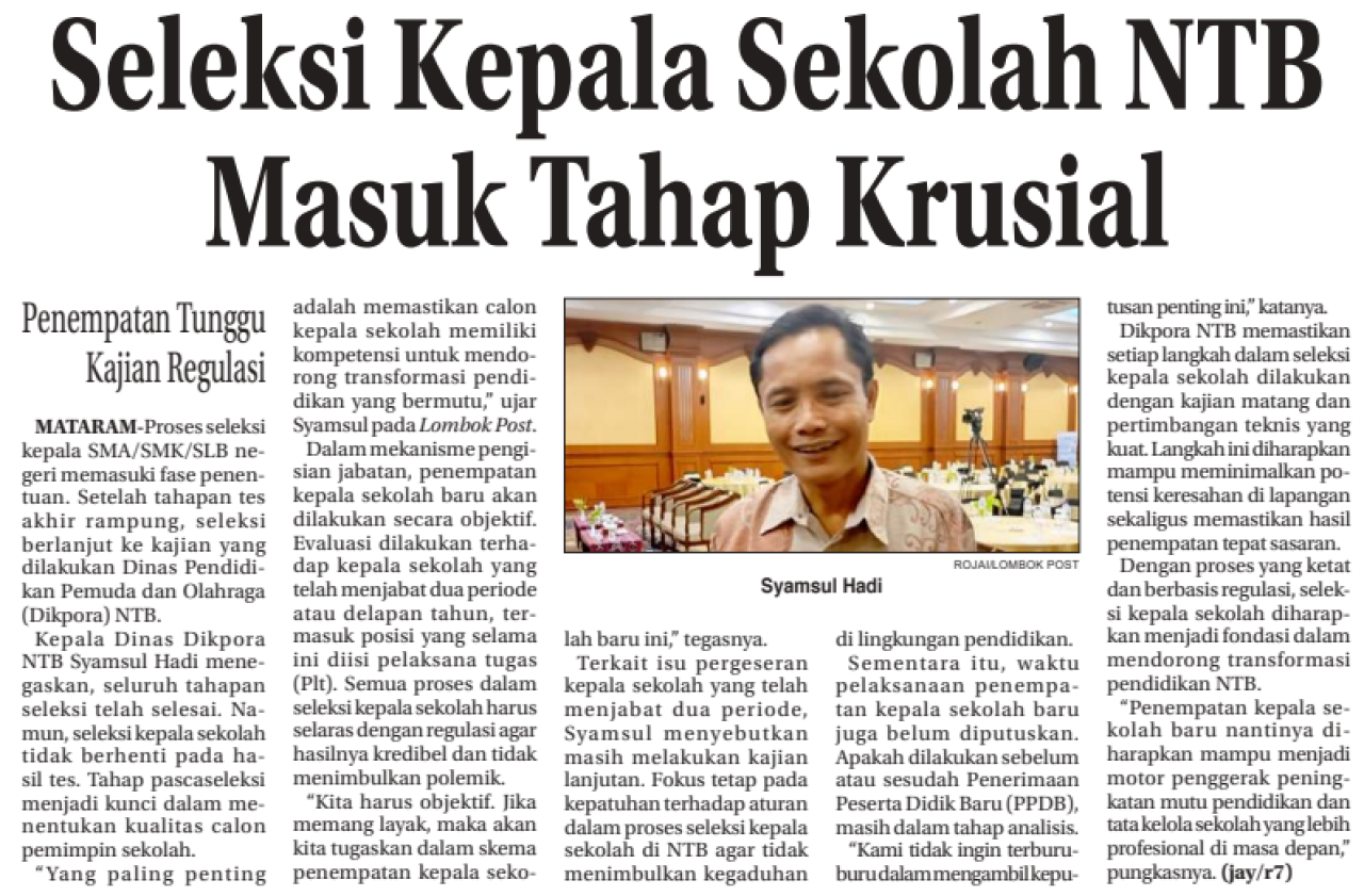 Seleksi Kepala Sekolah NTB Masuk Tahap Krusial