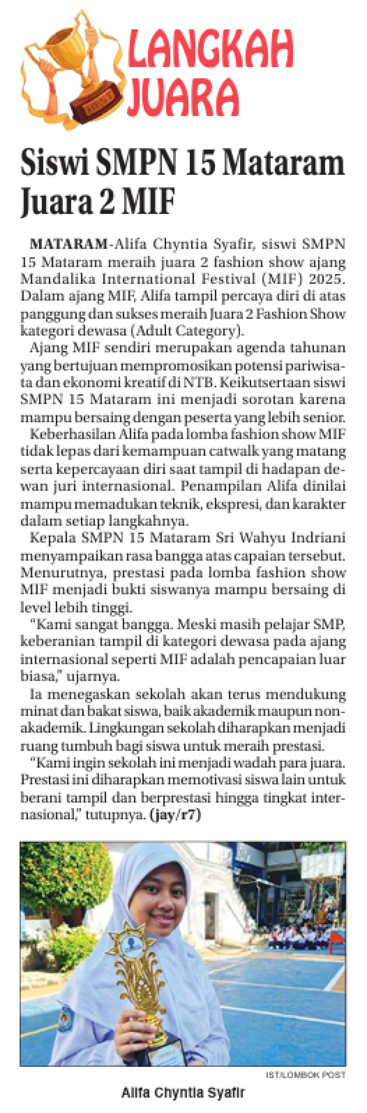Siswi SMPN 15 Mataram Juara 2 MIF