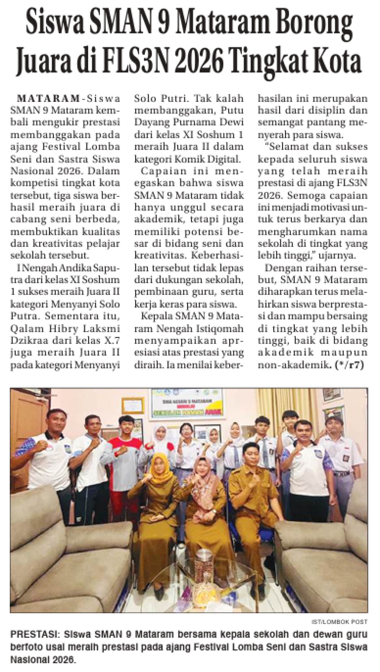 Siswa SMAN 9 Mataram Borong Juara di FLS3N 2026 Tingkat Kota
