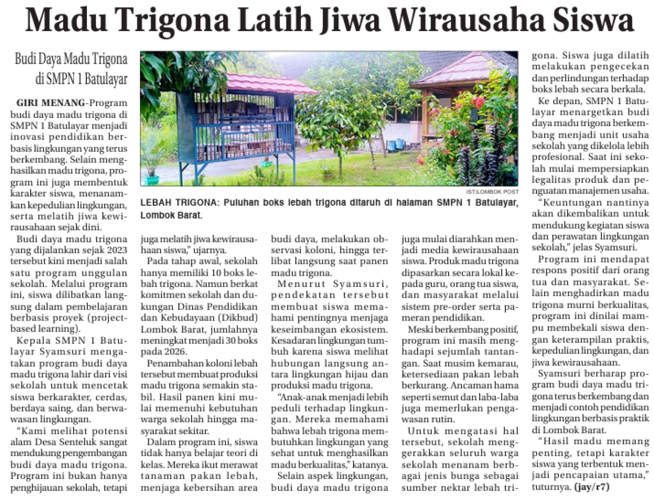 Madu Trigona Latih Jiwa Wirausaha Siswa