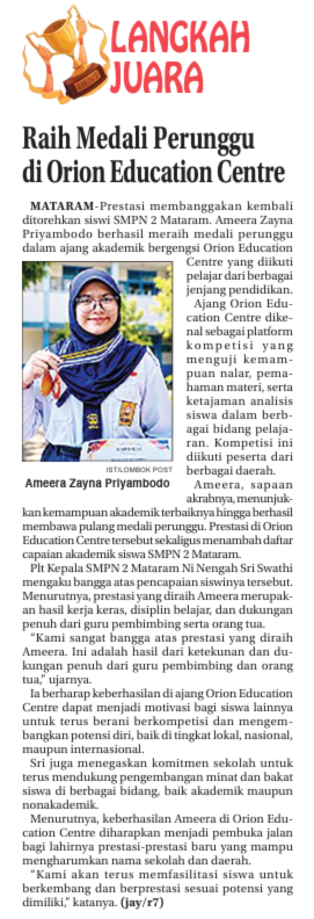 Raih Medali Perunggu di Orion Education Centre