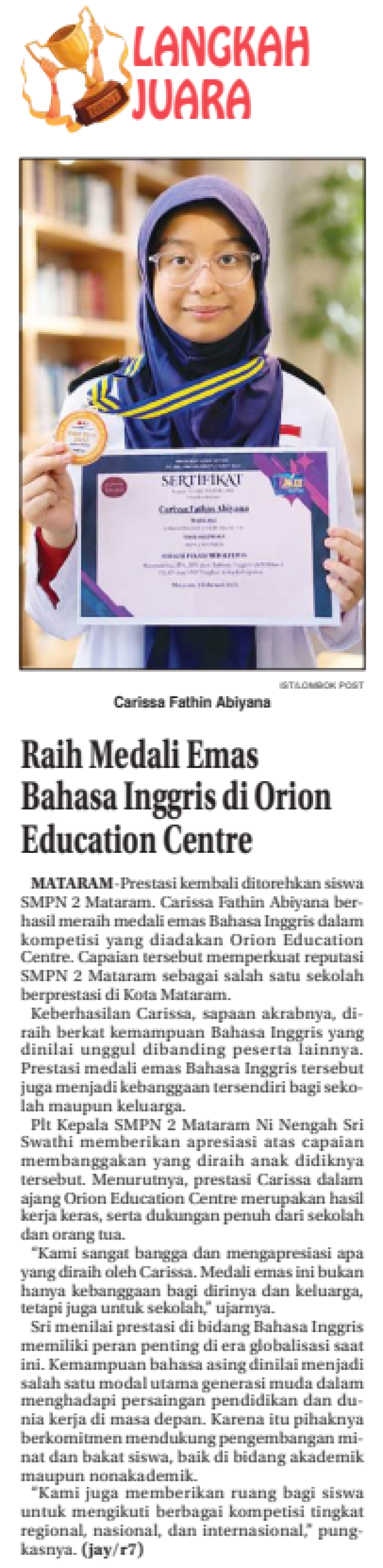 Raih Medali Emas Bahasa Inggris di Orion Education Centre