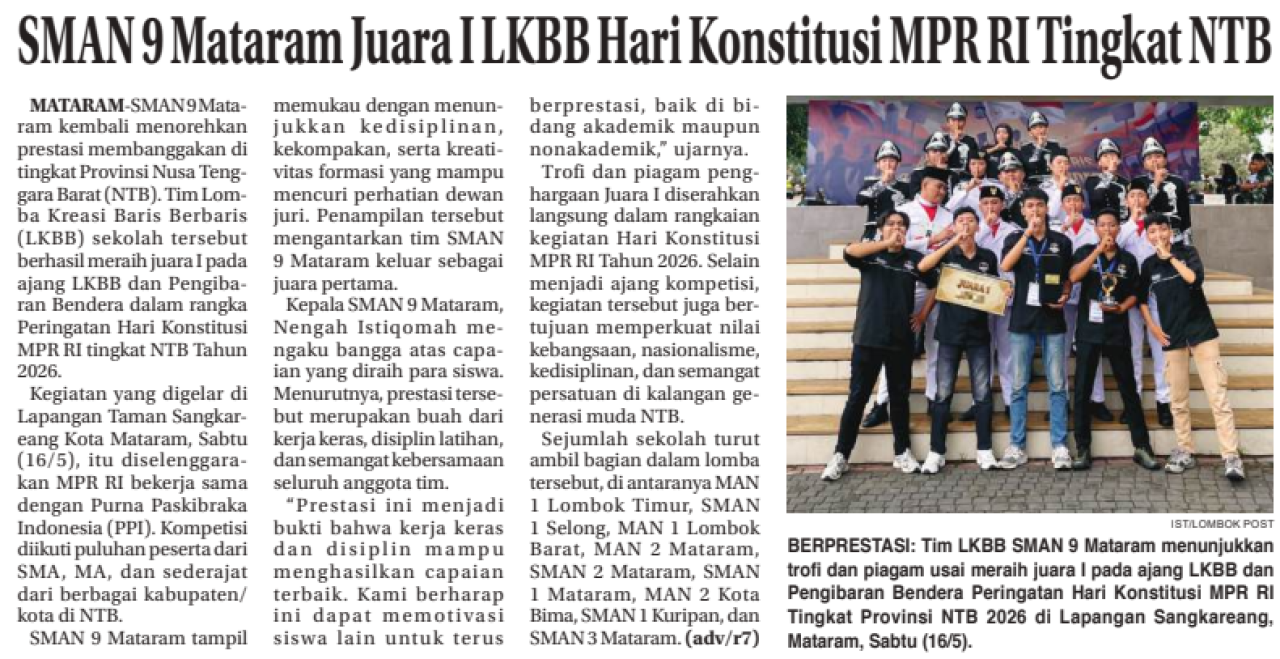 SMAN 9 Mataram Juara 1 LKBB Hari Konstitusi MPR RI Tingkat NTB