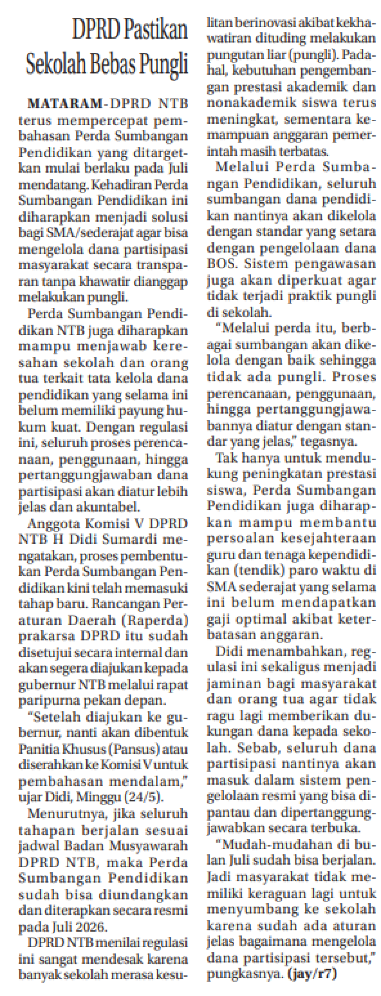 DPRD Pastikan Sekolah Bebas Pungli