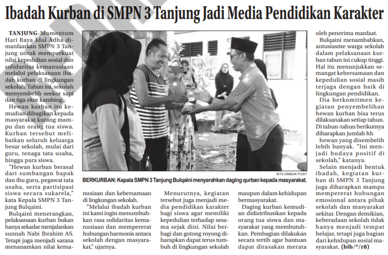 Ibadah Kurban di SMPN 3 Tanjung jadi Media Pendidikan Karakter