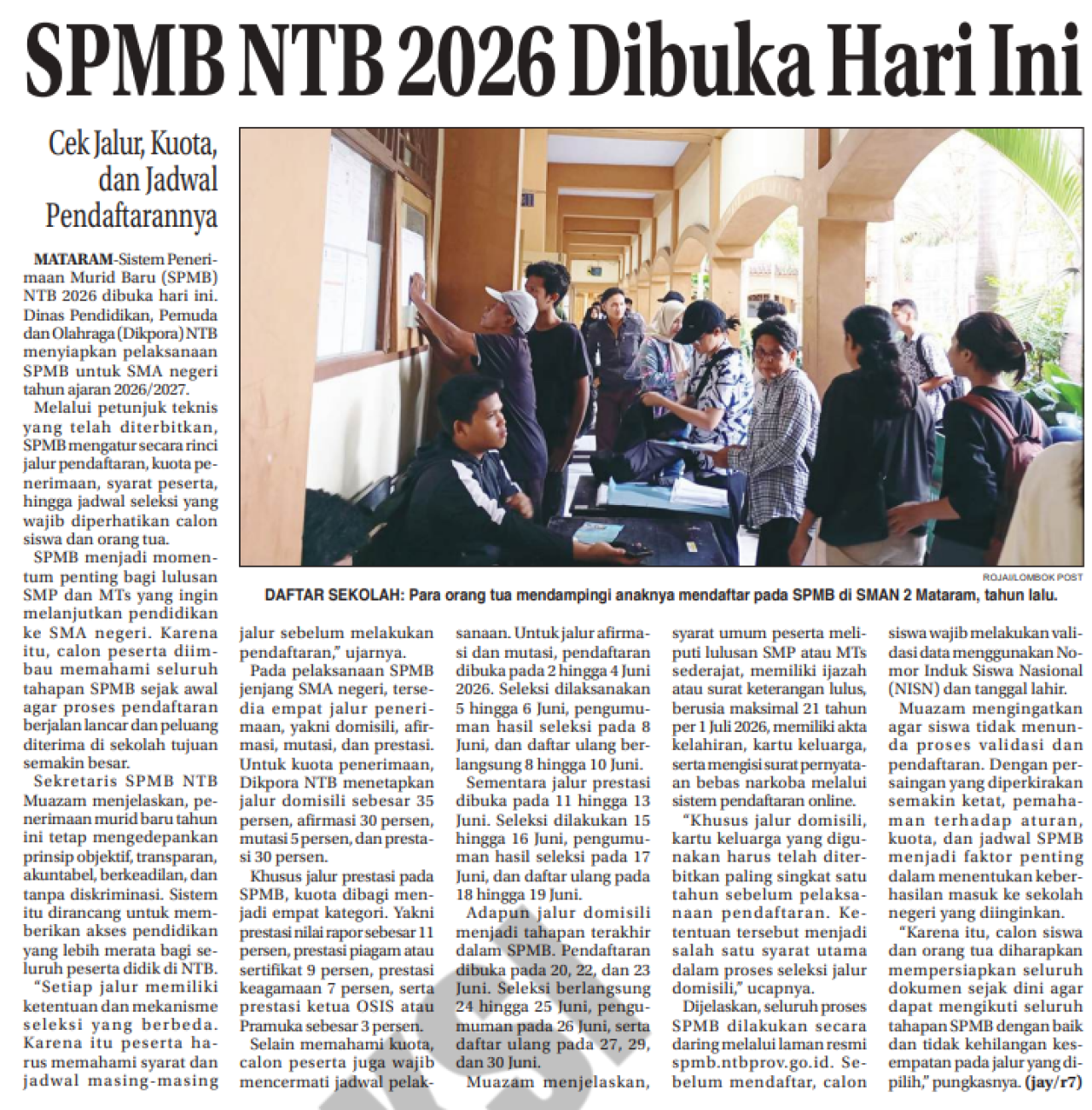 SPMB NTB 2026 Dibuka Hari Ini