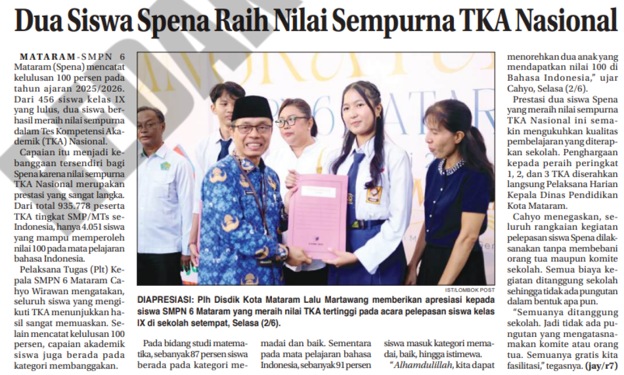Dua Siswa Spena Raih Nilai Sempurna TKA Nasional