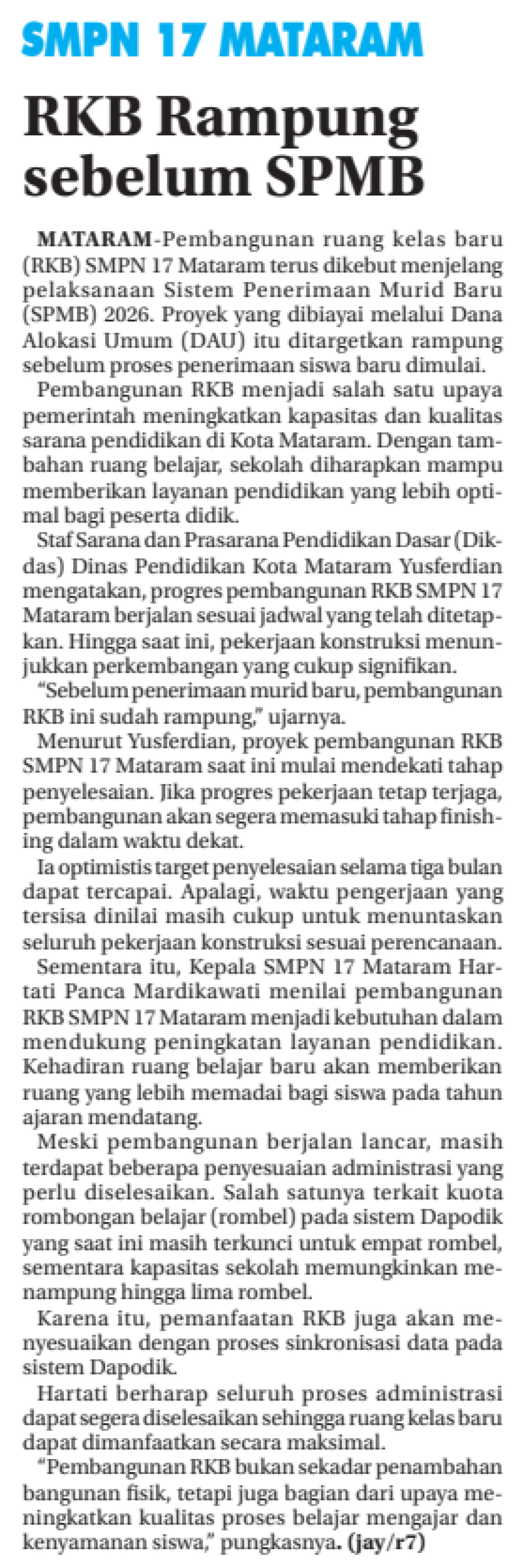 RKB Rampung Sebelum SPMB