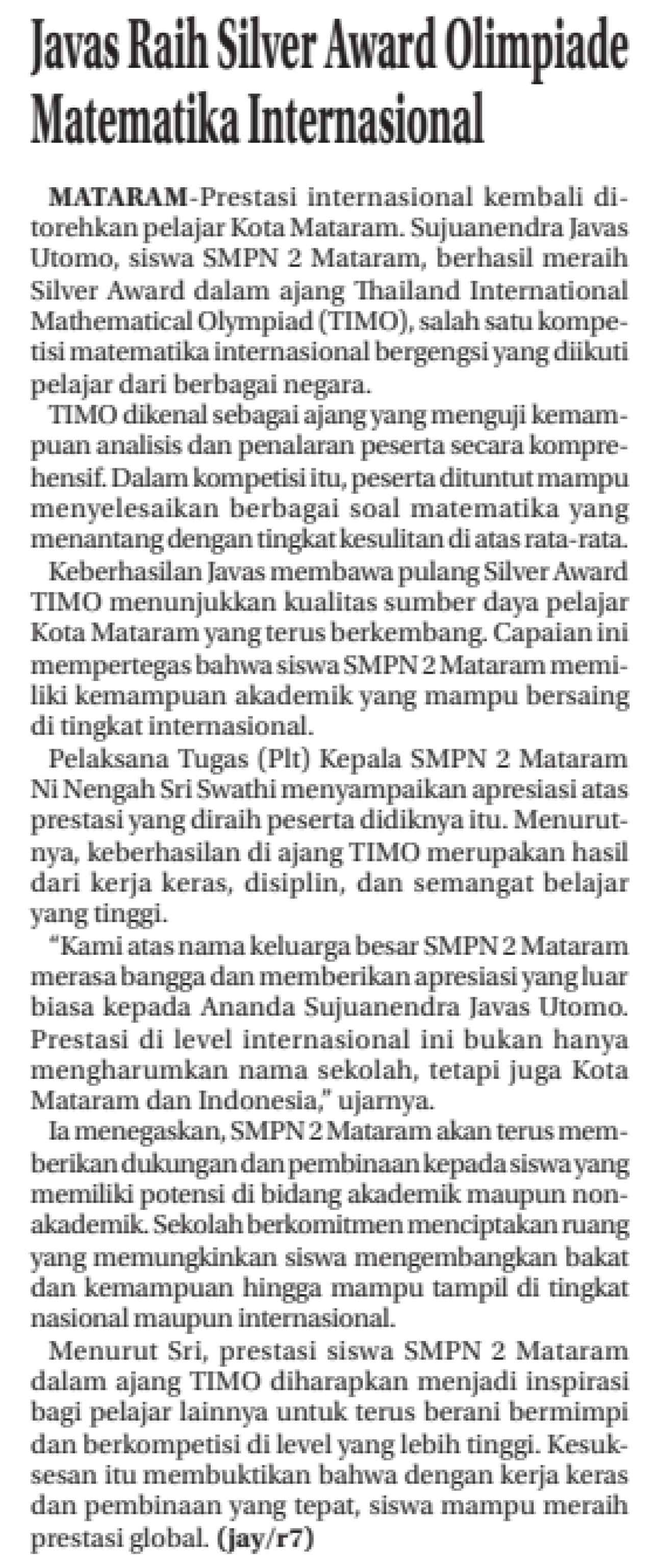 Javas Raih Silver Award Olimpiade Matematika Internasional