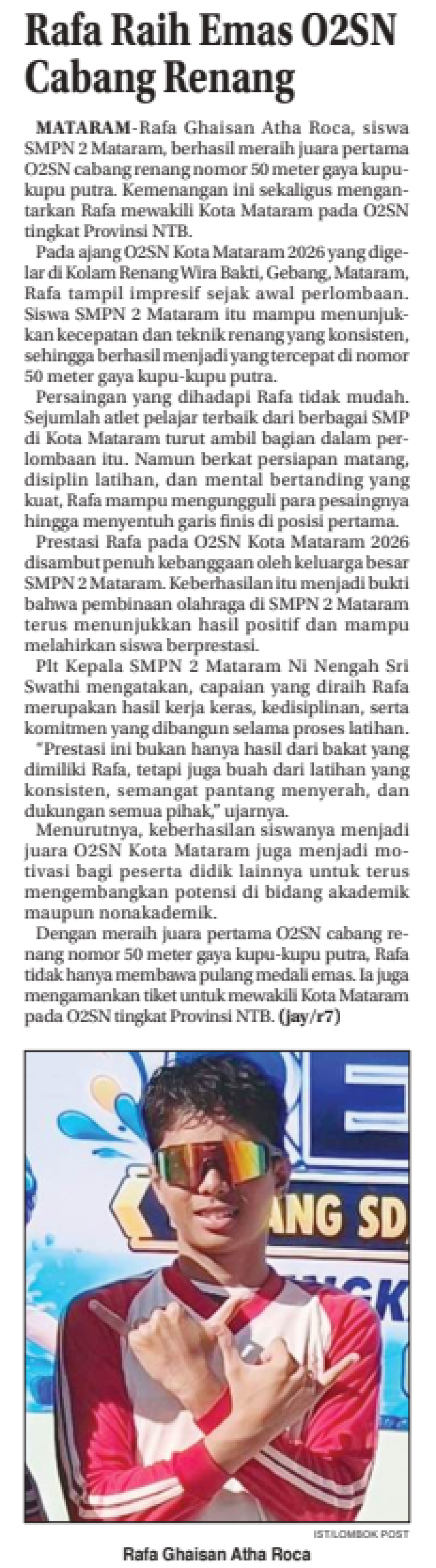 Rafa Raih Emas O2SN Cabang Renang