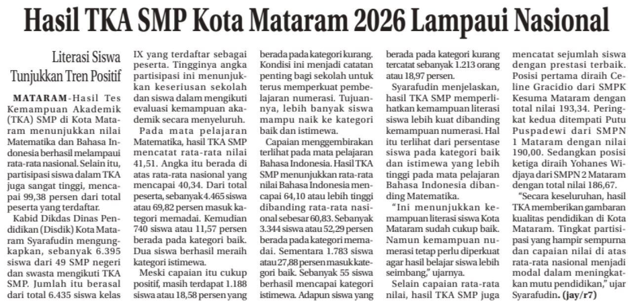 Hasil TKA SMP Kota Mataram 2026 Lampaui Nasional