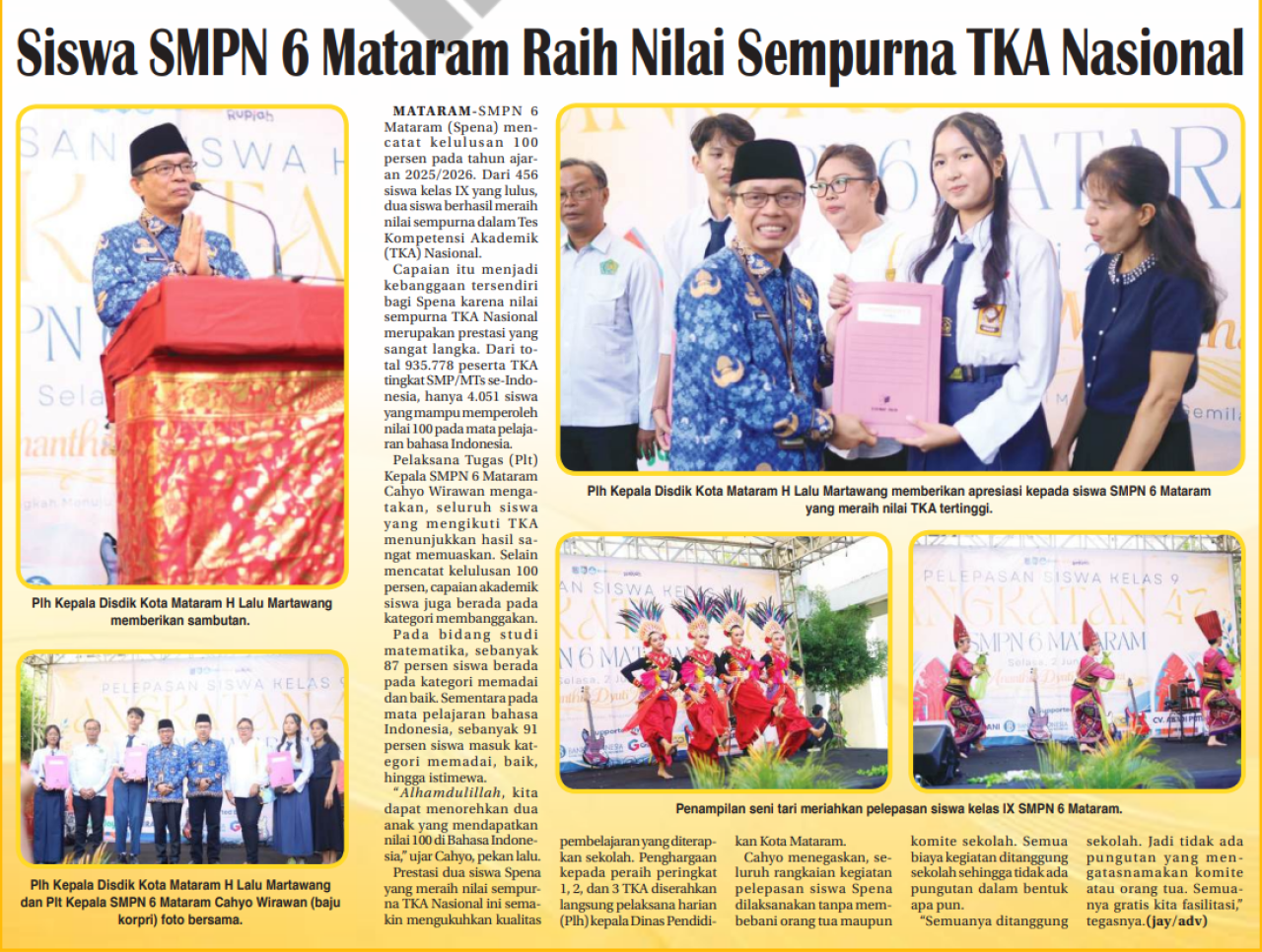 Siswa SMPN 6 Mataram Raih Nilai Sempurna TKA Nasional