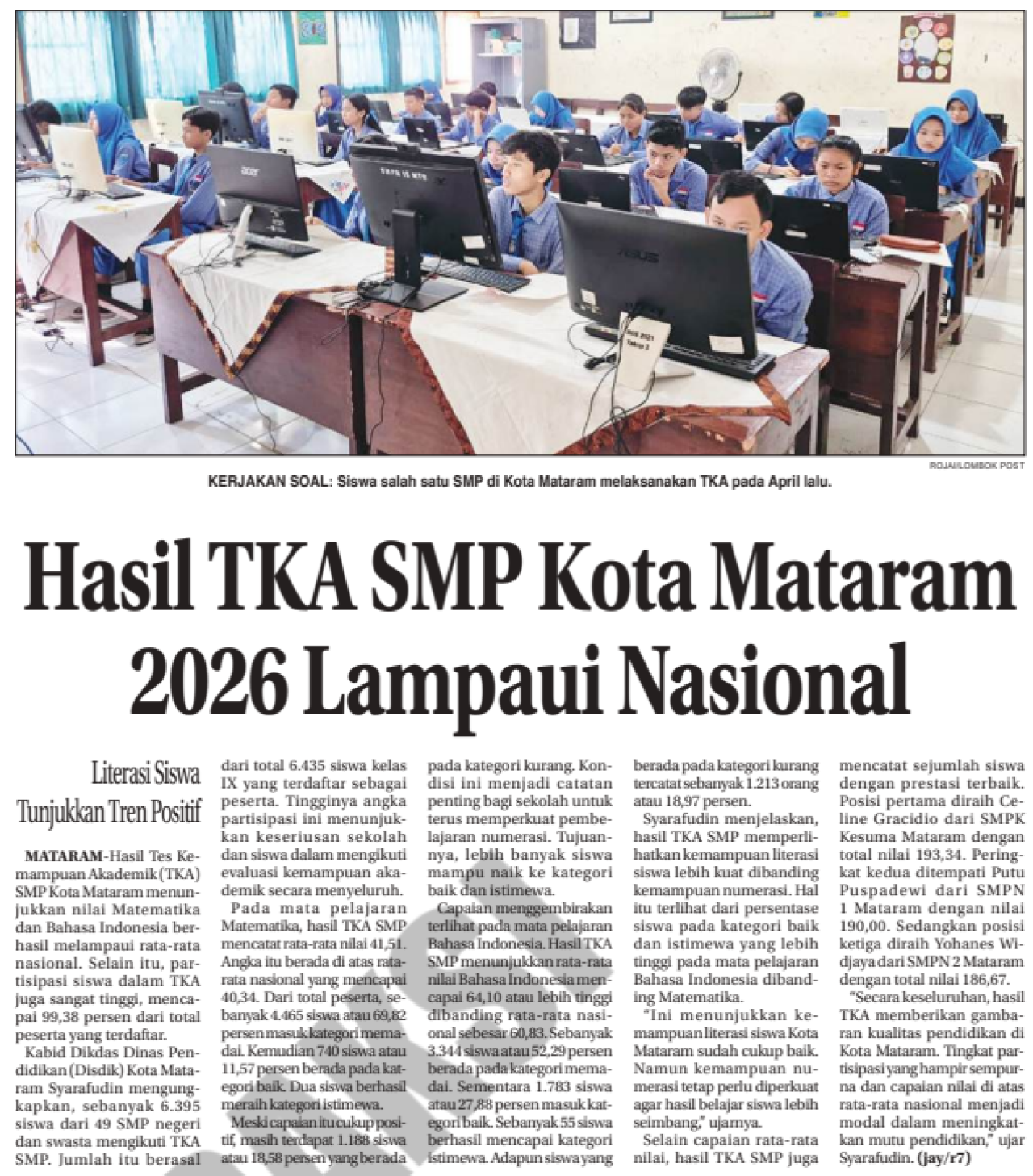 Hasil TKA SMP Kota Mataram 2026 Lampaui Nasional