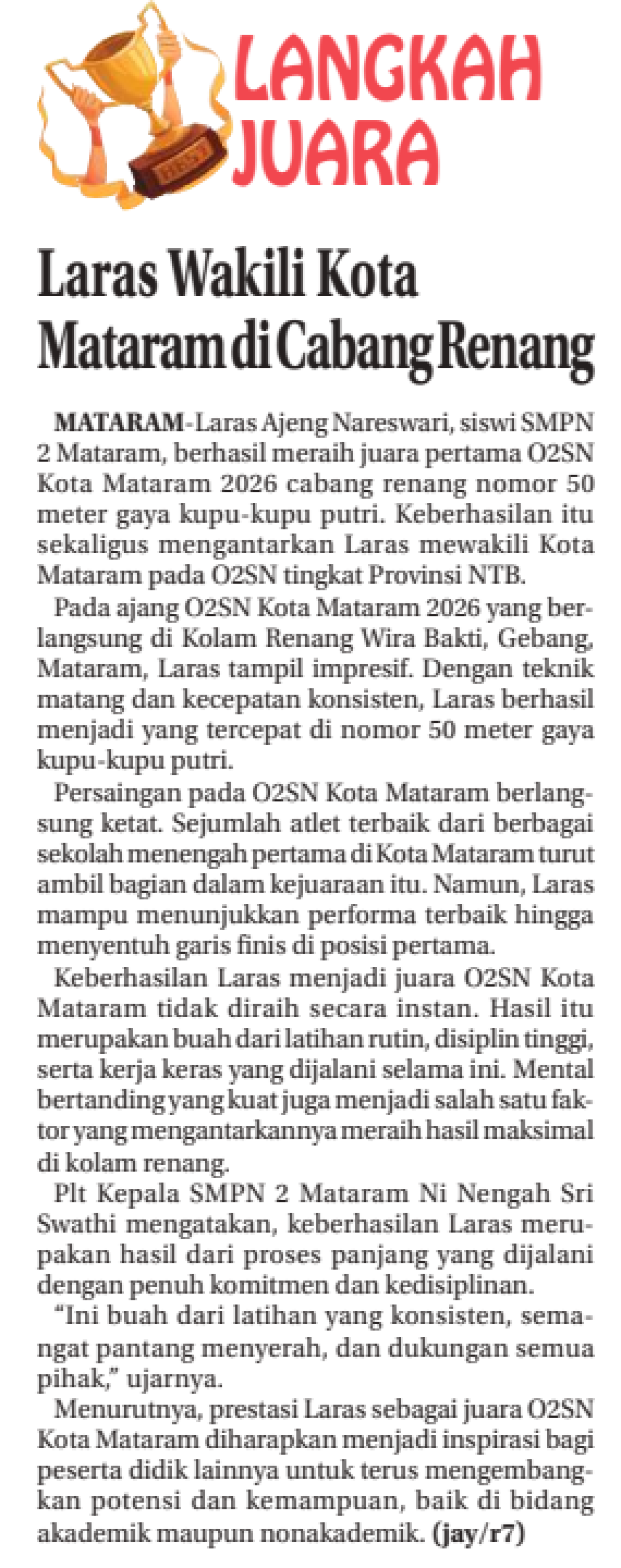 Laras Wakili Kota Mataram di Cabang Renang