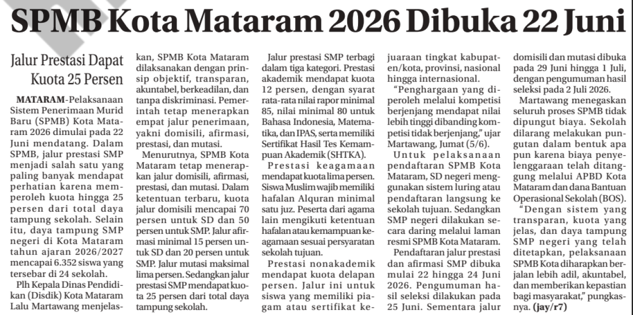 SPMB Kota Mataram 2026 Dibuka 22 Hari