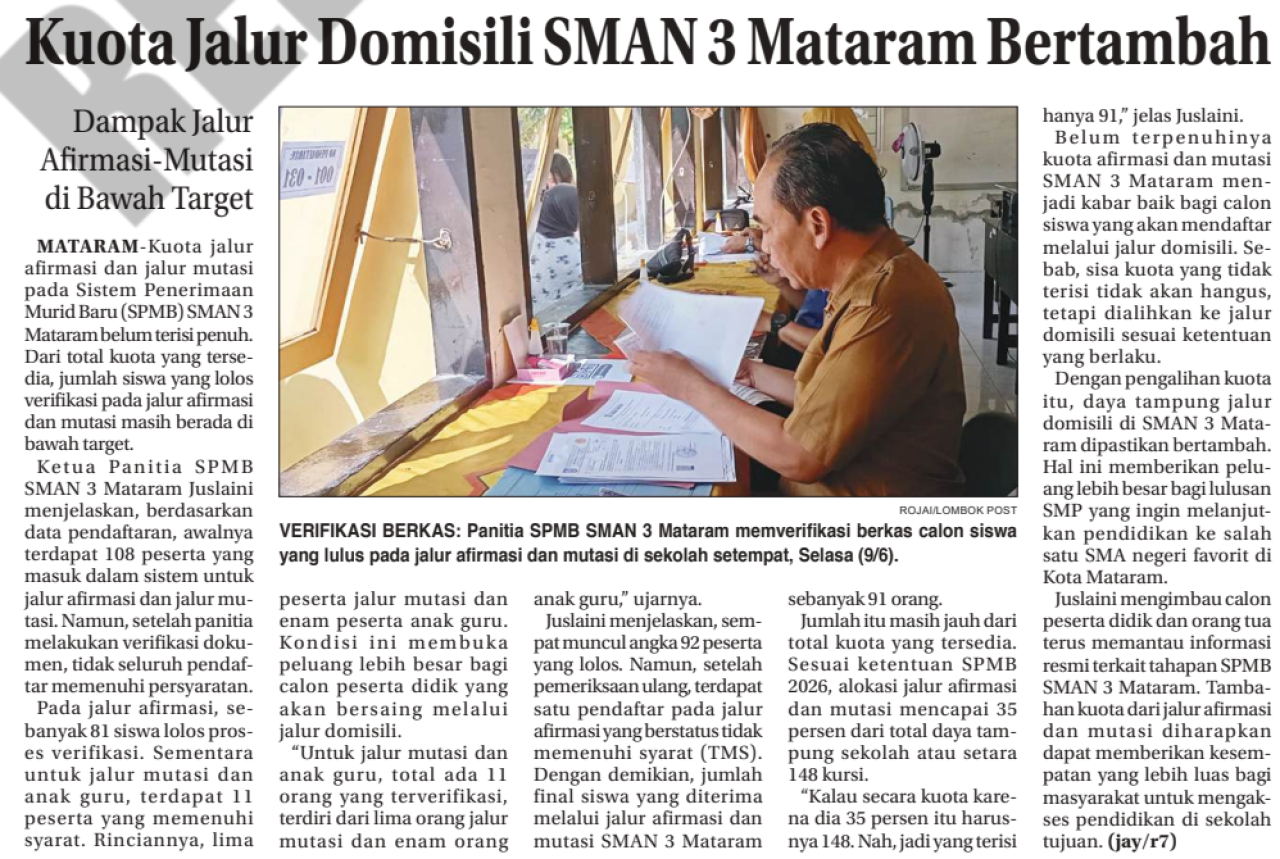 Kuota Jalur Domisili SMAN 3 Mataram Bertambah