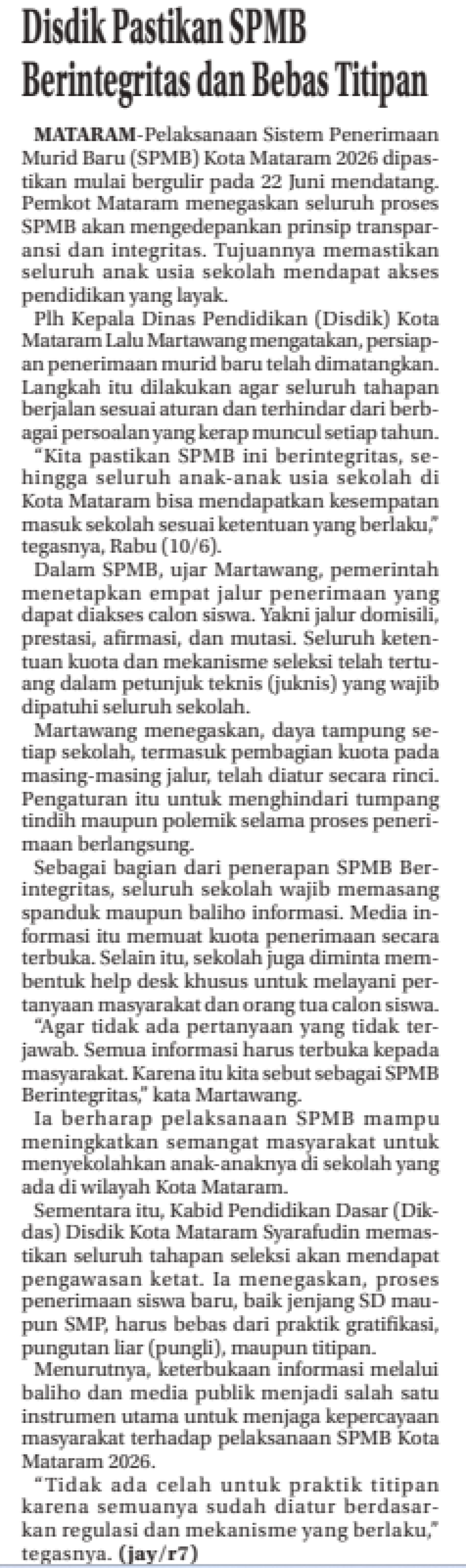Disdik Pastikan SPMB Berintegritas dan Bebas Titipan
