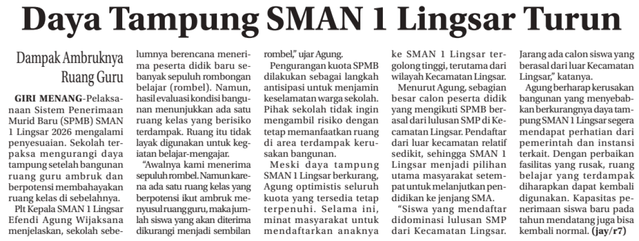 Daya Tampung SMAN 1 Lingsar Turun