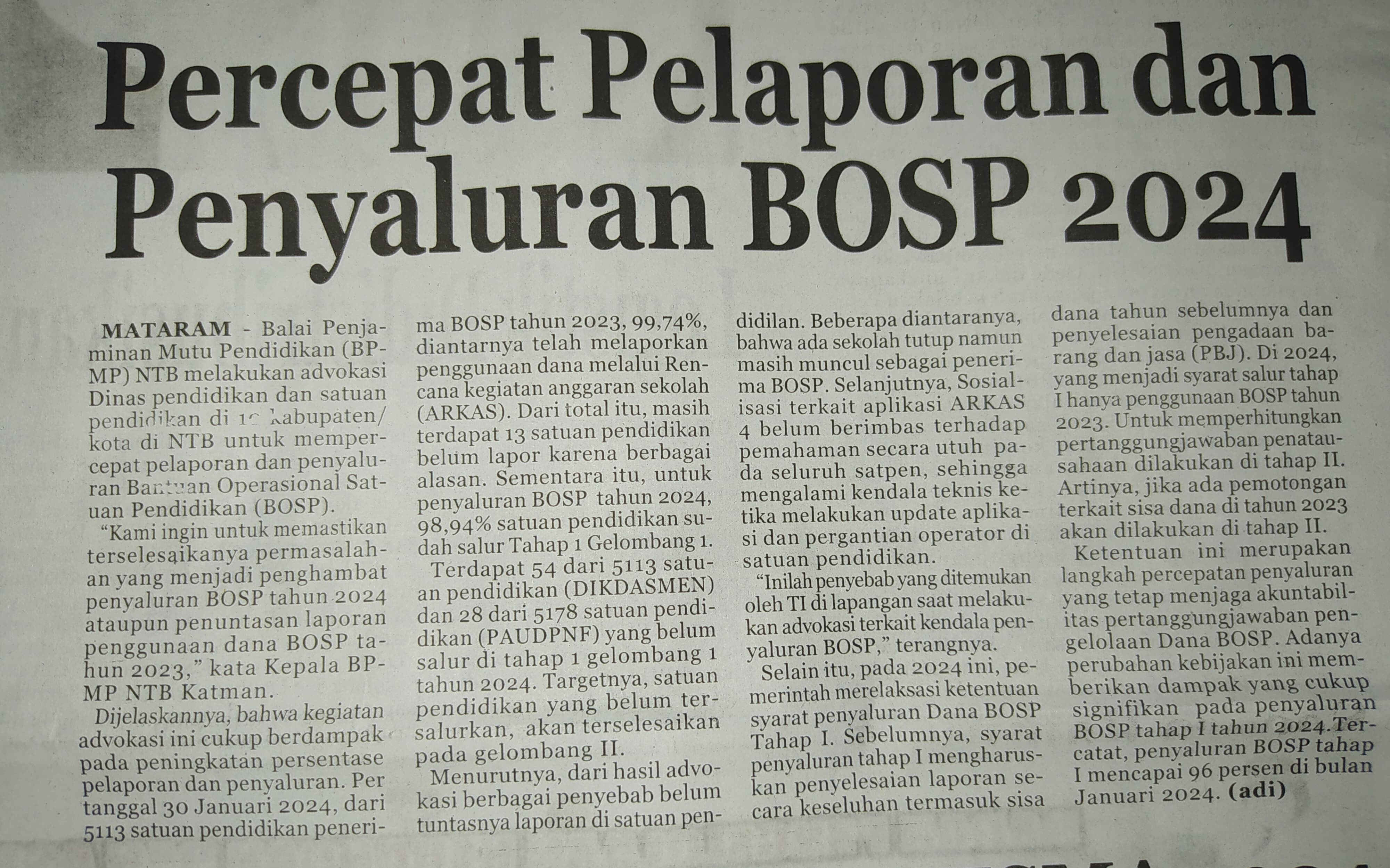 Percepat Pelaporan dan Penyaluran BOSP 2024