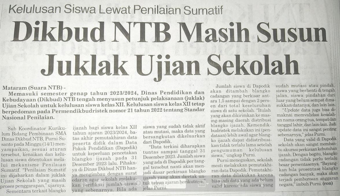 Dikbud NTB Masih Susun Juklak Ujian Sekolah