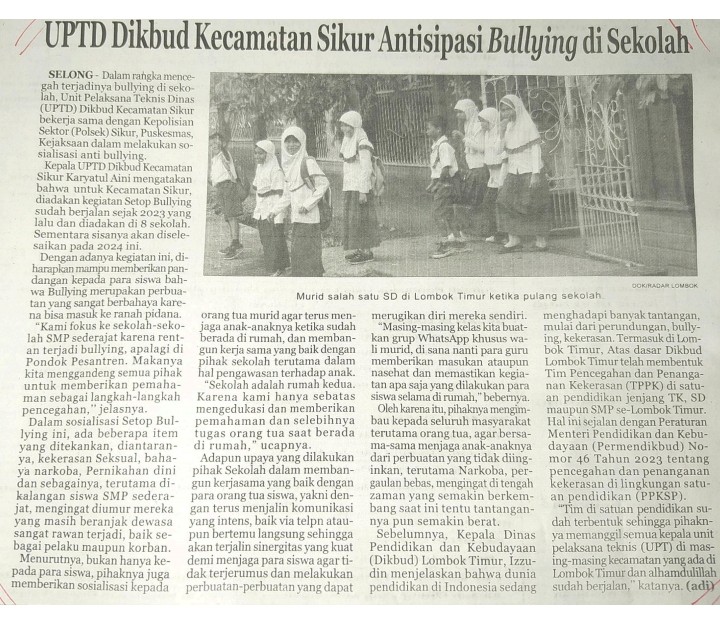 UPTD Dikbud Kecamatan Sikur Antisipasi Bullying di Sekolah