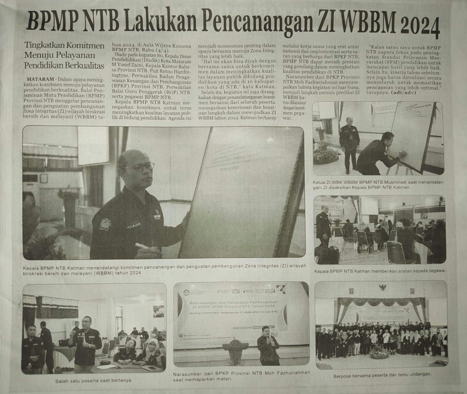 BPMP NTB Lakukan Pencanangan ZI WBBM 2024