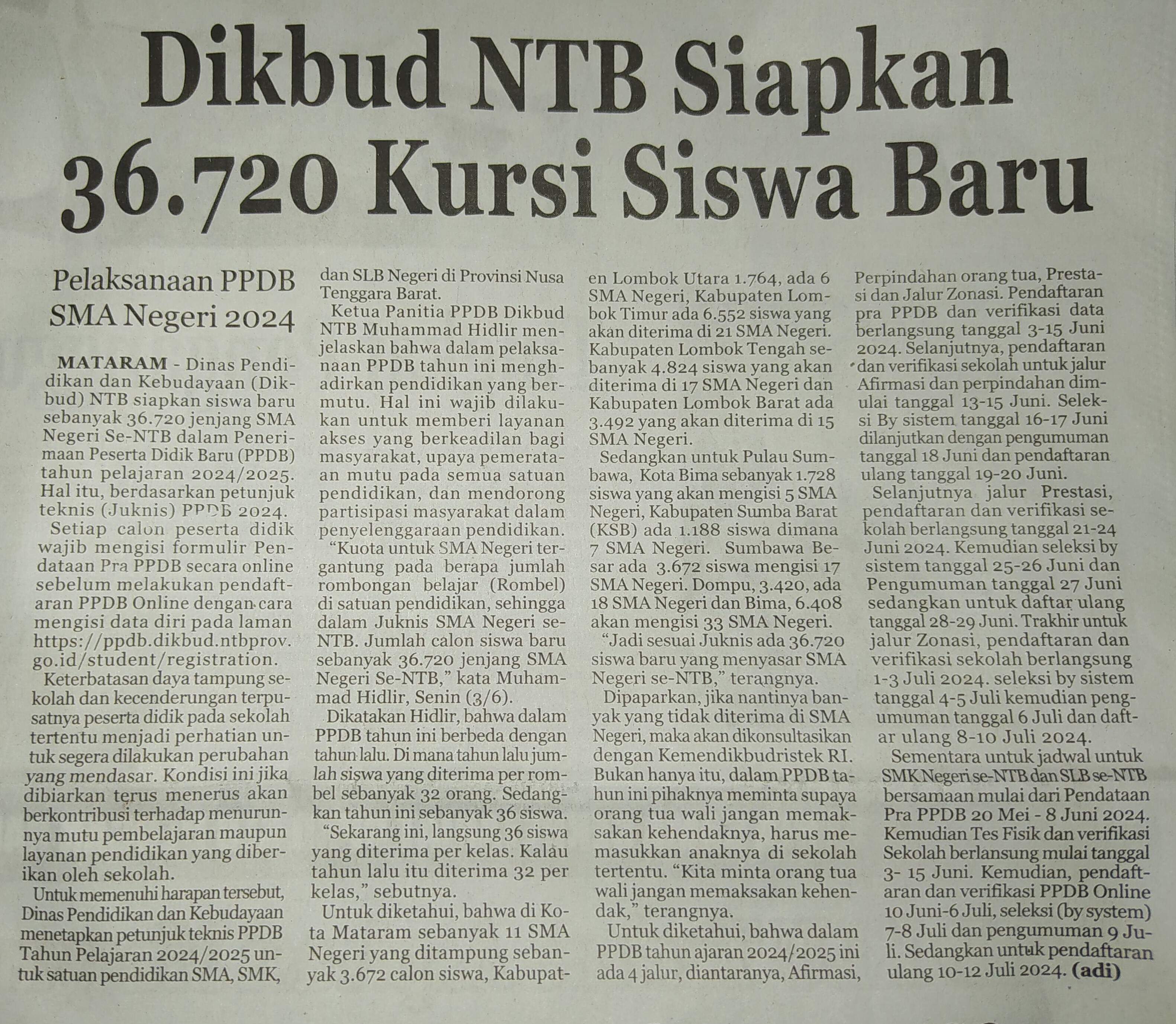 Dikbud NTB Siapkan 36.720 Kursi Siswa Baru