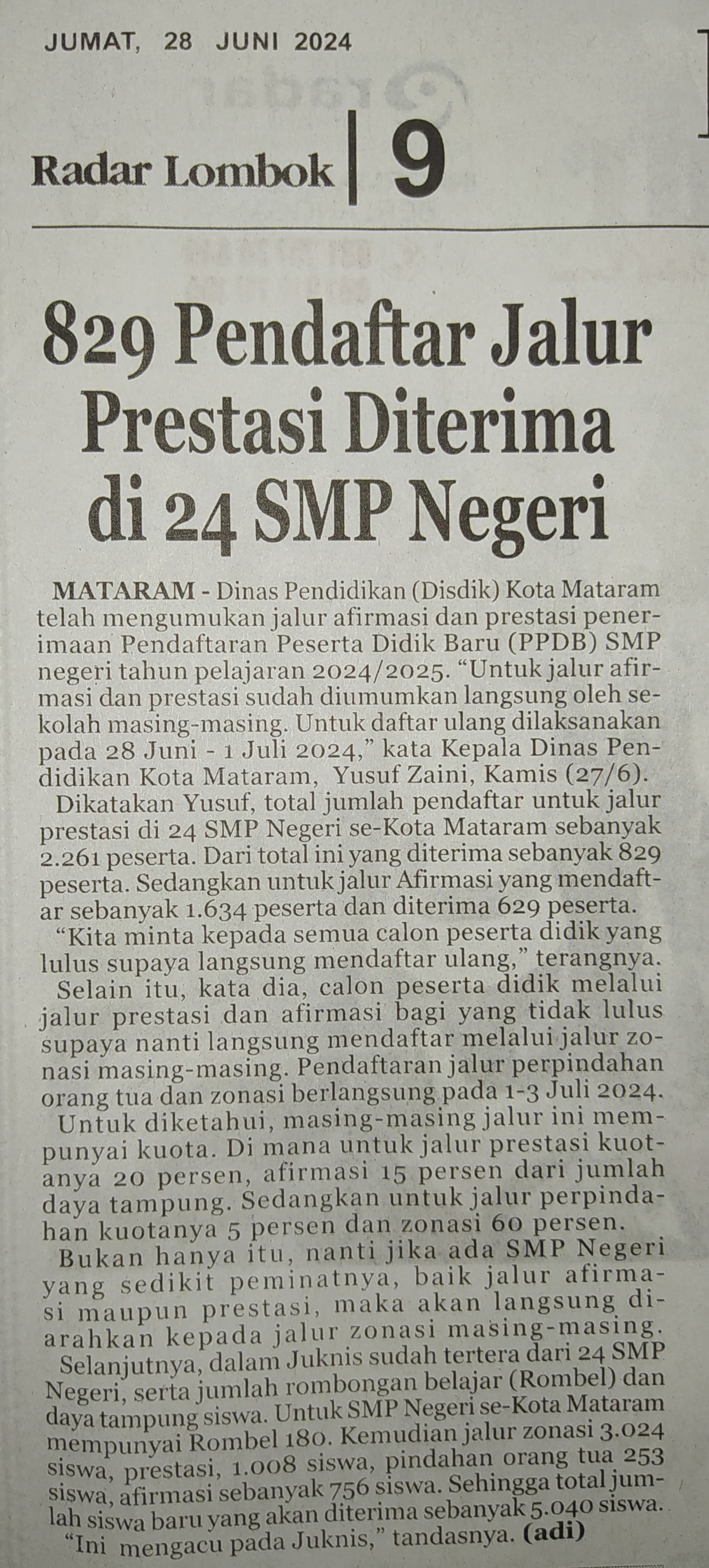 829 Pendaftar Jalur Prestasi Diterima di 24 SMP Negeri