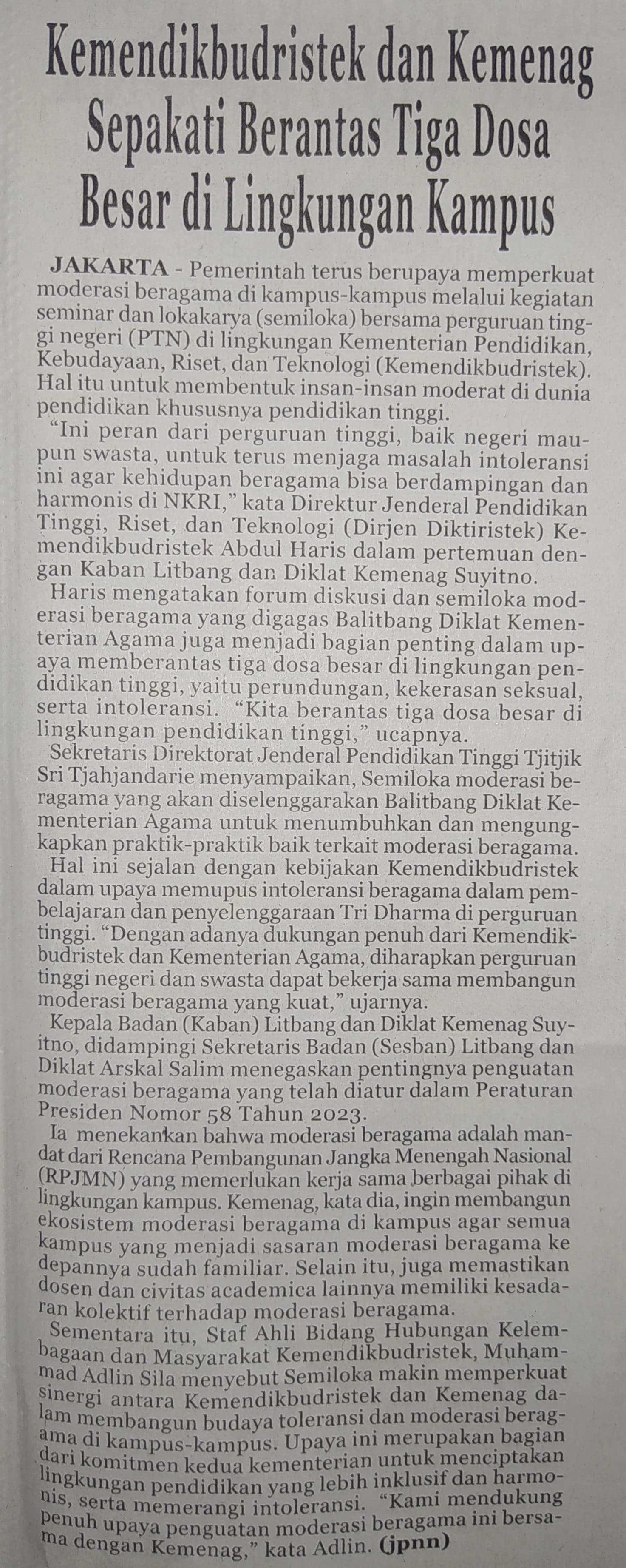 Kemendikbudristek dan Kemenag Sepakati Berantas 3 Dosa Besar di Lingkungan Kampus