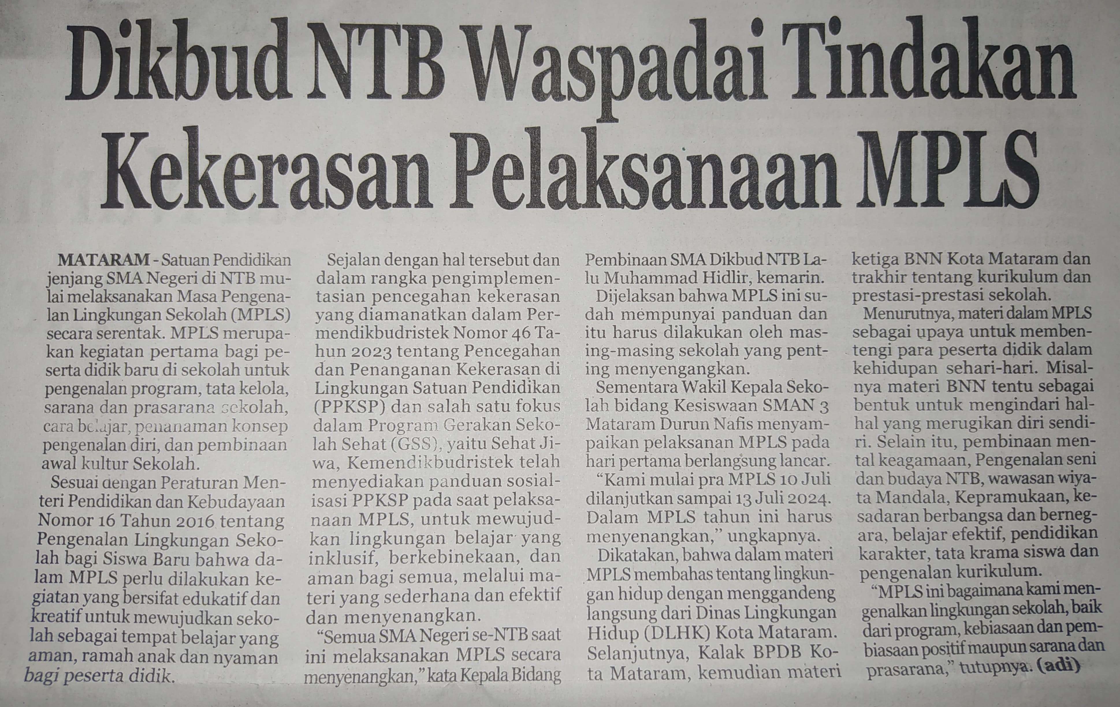 Dikbud NTB Waspadai Tindakan Kekerasan Pelaksanaan MPLS
