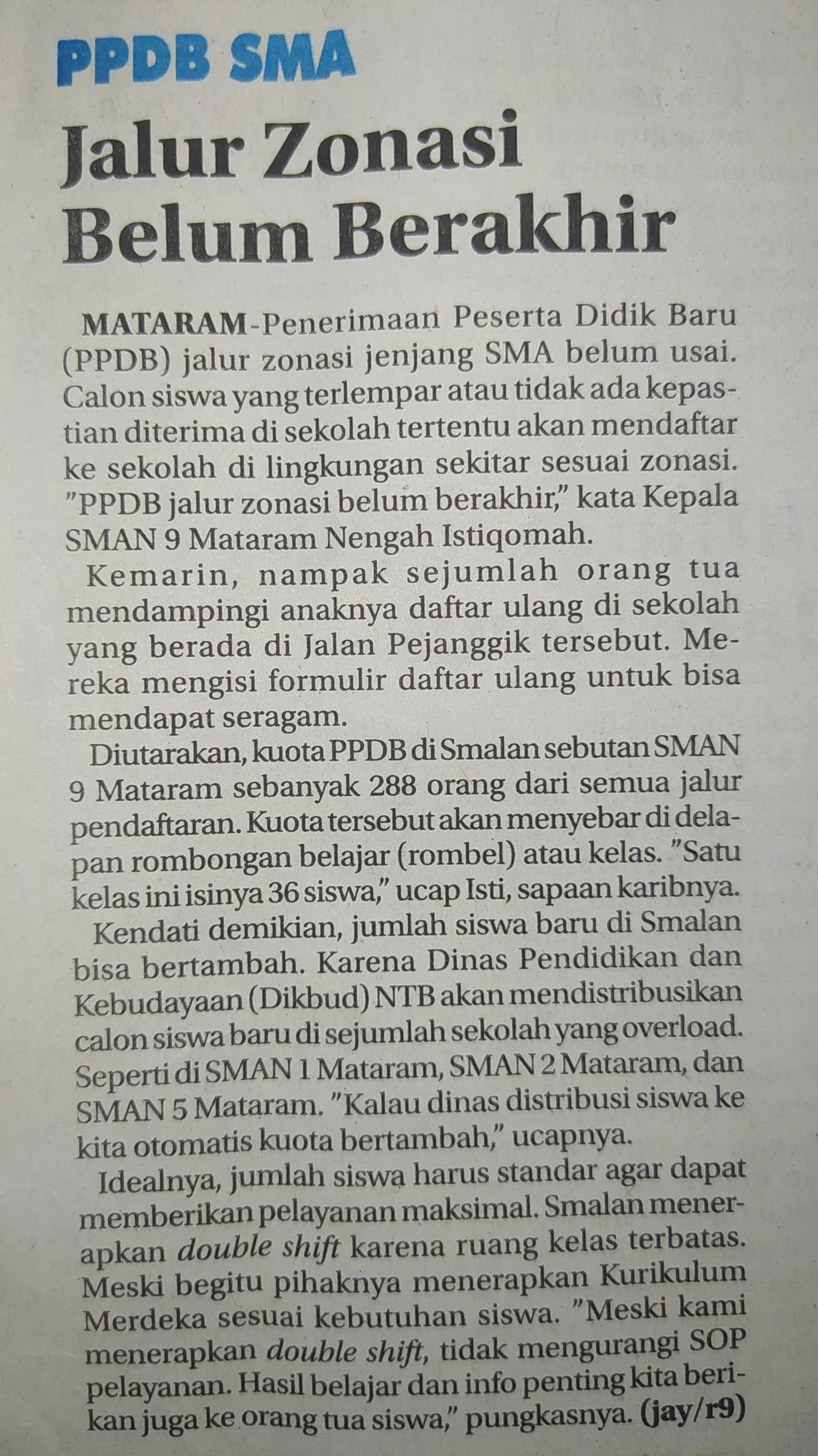 PPDB SMA Jalur Zonasi Belum Berakhir