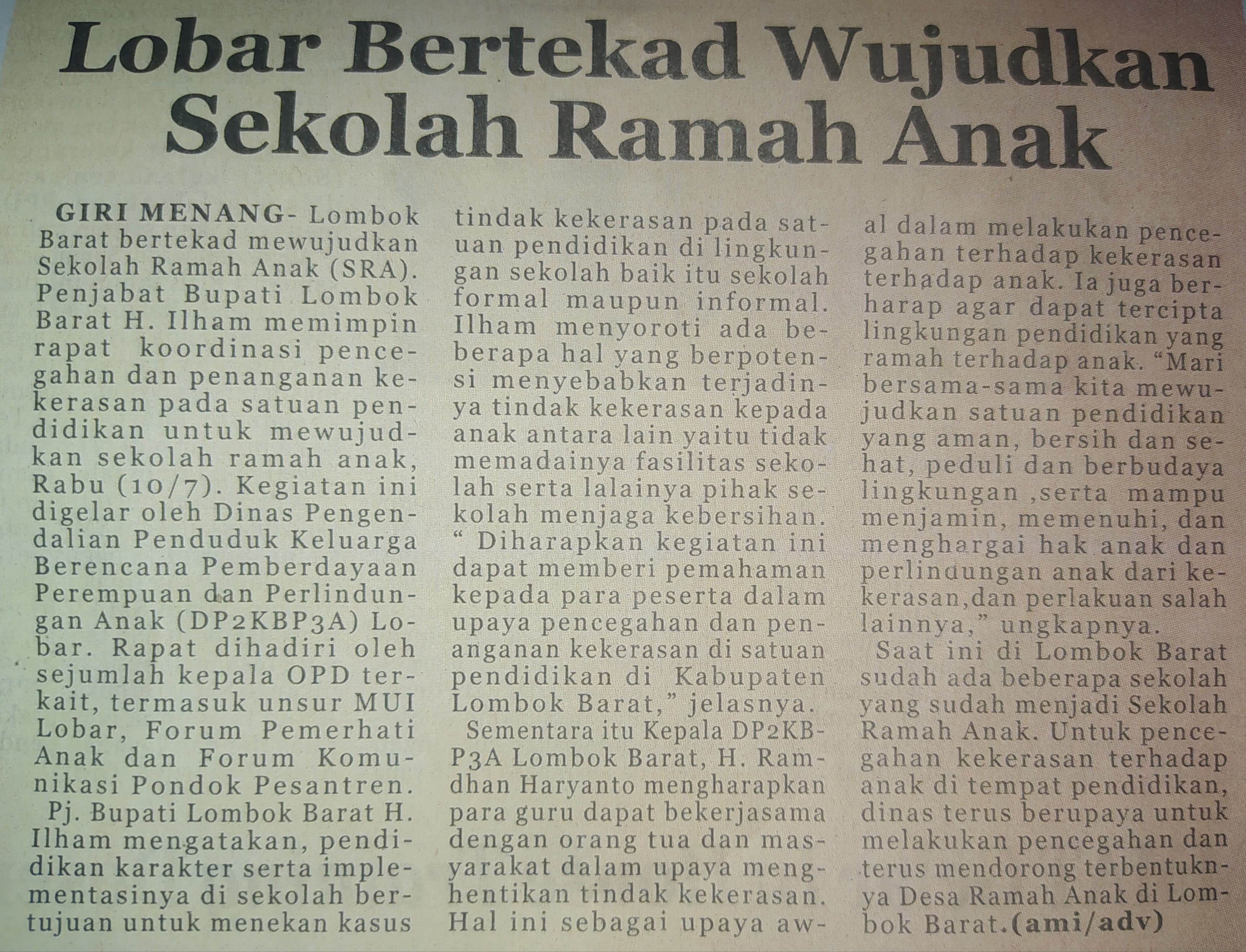 Lobar Bertekad Wujudkan Sekolah Ramah Anak