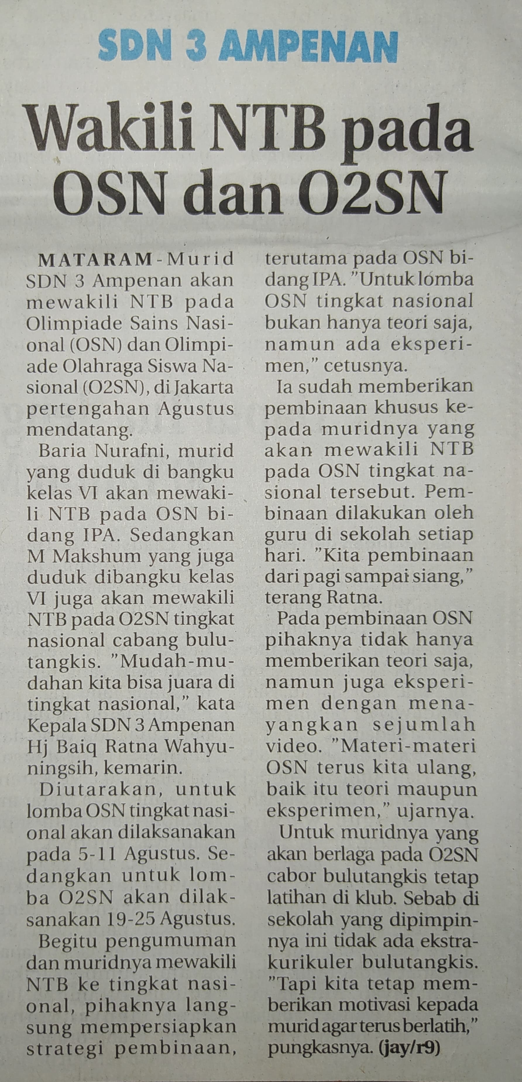 SDN 3 Ampenan Wakili NTB Pada OSN dan O2SN