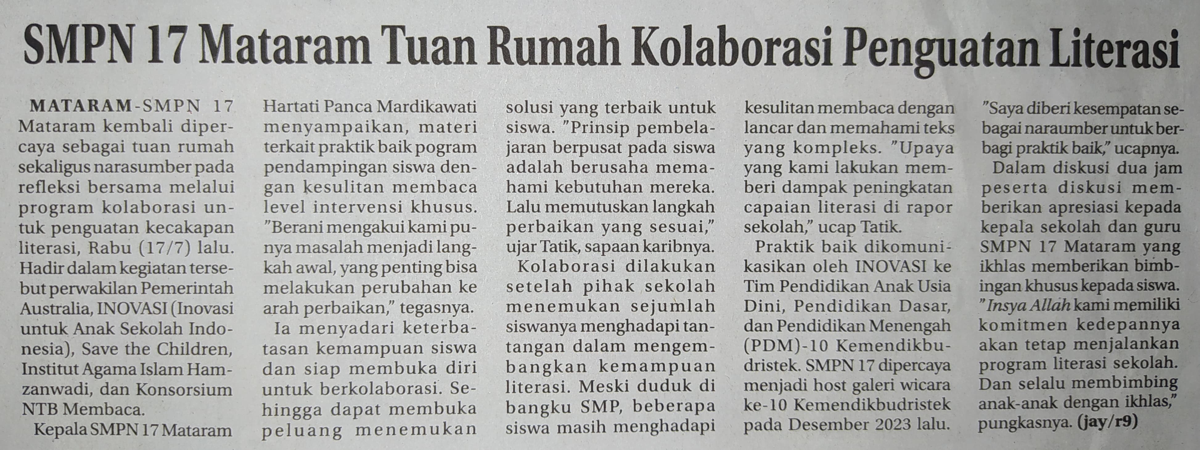 SMPN 17 Mataram Tuan Rumah Kolaborasi Penguatan Literasi